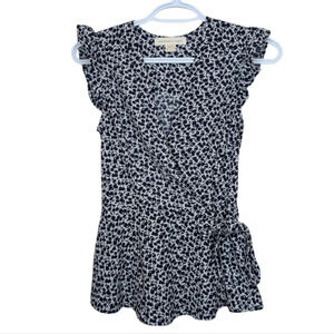 Monteau Women's Small Navy and White  Pattern Sleeveless Faux Tie Front Blouse